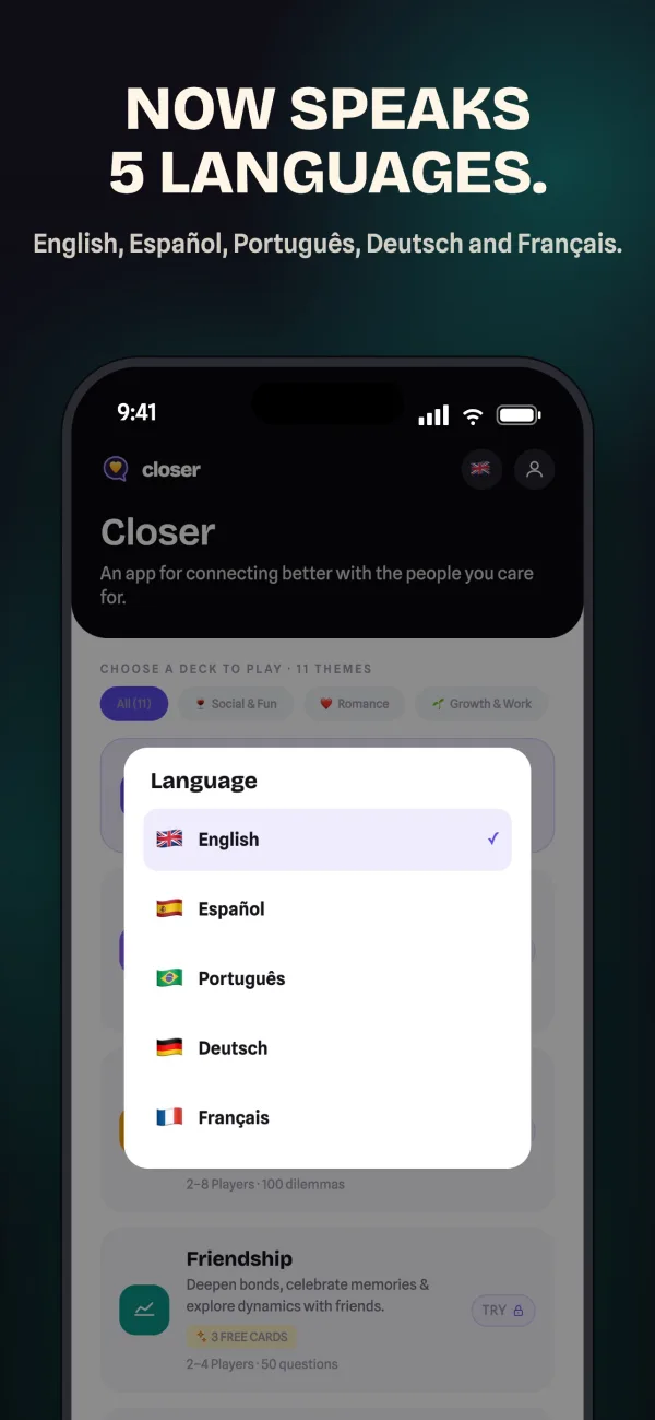 Closer language picker: English, Español, Português, Deutsch, Français